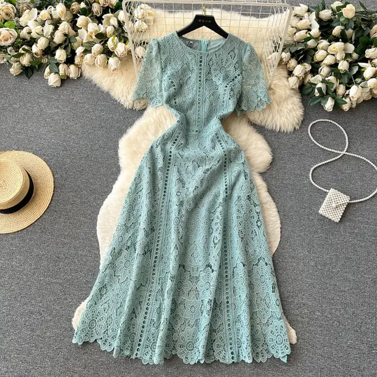 Retro round neck lotus leaf sleeve lace dress new style slim temperament elegant long skirt R2259