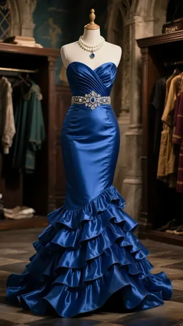 Dark blue strapless slim waist satin hip-hugging sexy ball gown R6084