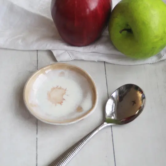 Small Spoon Rest, White and Ocher Ceramic Spoon Holder for Your Coffee Station, Made in USA