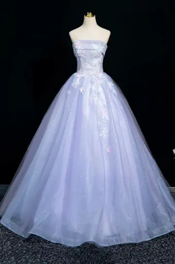 Elegant Lavender A-line Strapless Embroidery Corset Maxi Prom Dress Evening Dress RS504