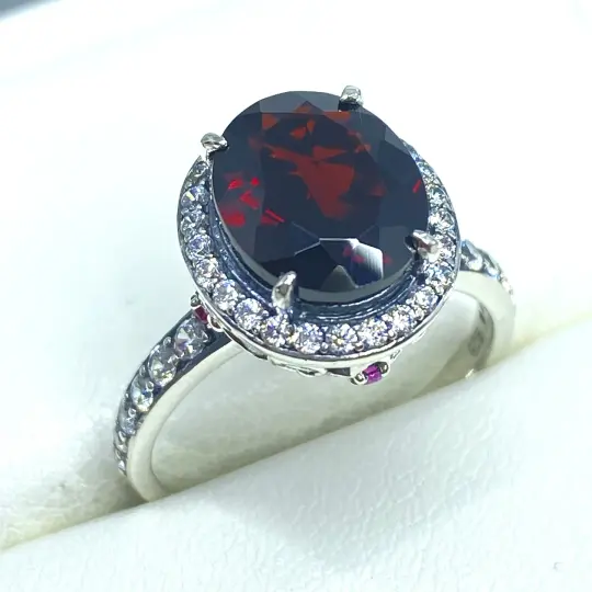 Natural Garnet Halo Ring, Size 8, White CZ Accent Gems, Art Deco Sterling Silver Filigree #D228 - Ready to Ship