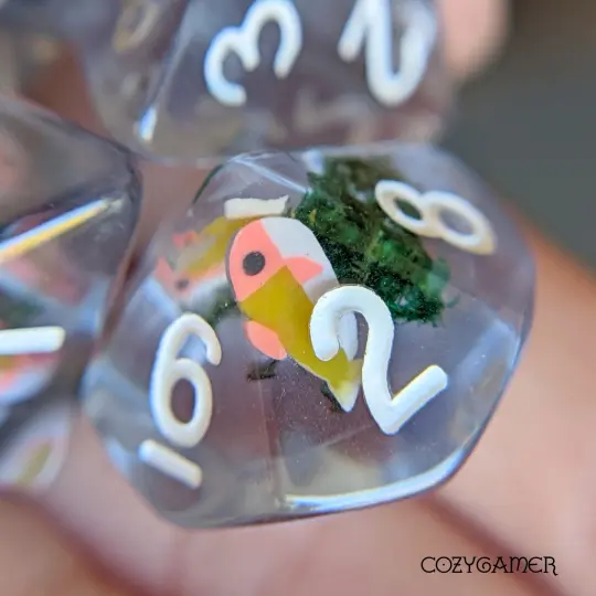Blue Swimming Fish DnD Dice Set – 7-Piece Clear Resin Moss Dice