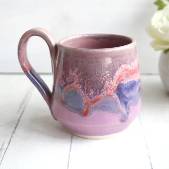 Pottery Mug in Shades of Pink and Purple Glazes, 16 oz. Made in USA