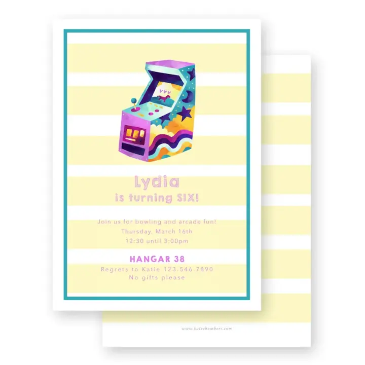 Girl's Yellow and Purple Arcade Birthday Party Invitation