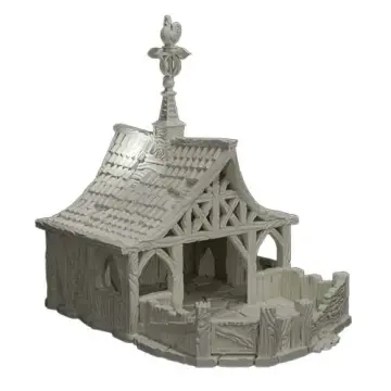 An unpainted, grey 3D-printed tabletop miniature of a medieval fantasy sheep barn. The structure features a large, open-front shelter with textured wooden walls, arched beam supports, and decorative half-timbering under the gable. The wood-shingled roof is topped with a tall, ornate spire featuring a rooster weather vane. In front of the covered area is an attached open pen enclosed by a short, rustic wooden fence, all resting on a cracked stone floor. Isolated on a white background.