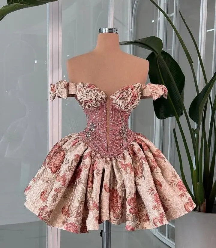 Retro champagne pink floral one-shoulder waist slim short skirt homecoming dress R3505