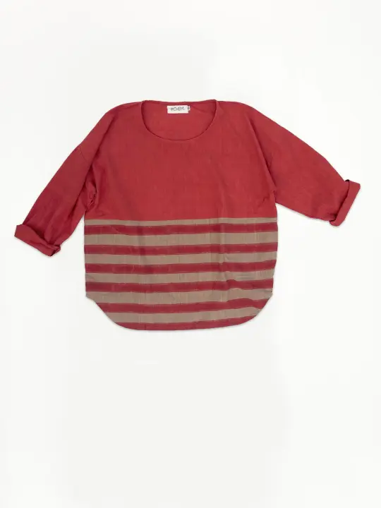 Everyday Long Sleeved Top in Block Print Ruby Red Stripe