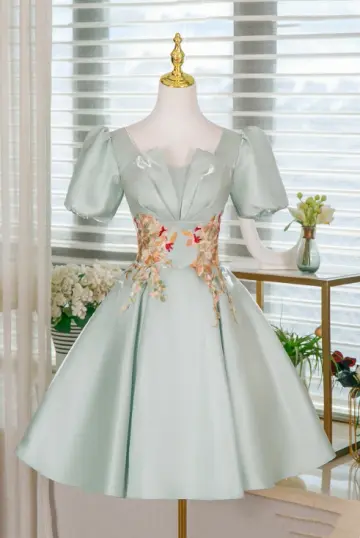 Elegant Mint Green A-line Square Embroidery Satin Corset Mini Prom Dress Homecoming Dress RS507