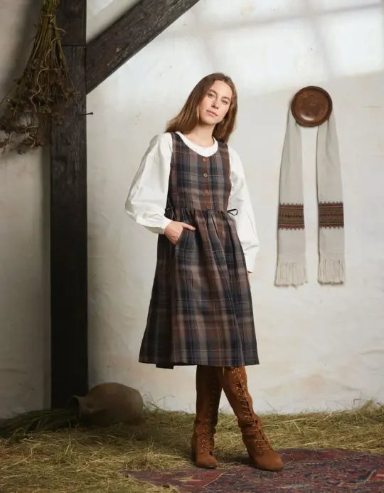Robe-chasuble 'Vera' en lin écossais marron