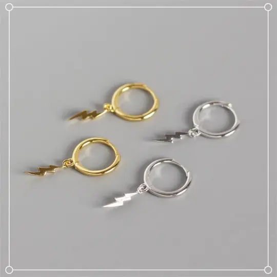 Lightning Jagged Bolt Droop Hoop Earrings (Silver 925)