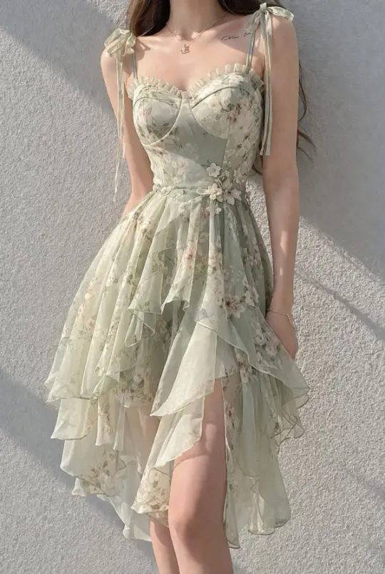 Fresh Bud Green Prom Gown , Chiffon Flowy Floral Corset Maxi Party Dress Cami Dress RS1415