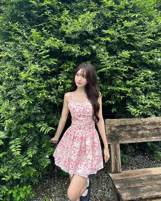 Pink small floral suspenders waist slimming and slimming cute mini skirt homecoming dress R4040