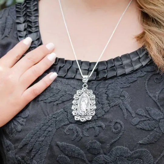 Sterling Silver Floral Virgencita Pendant