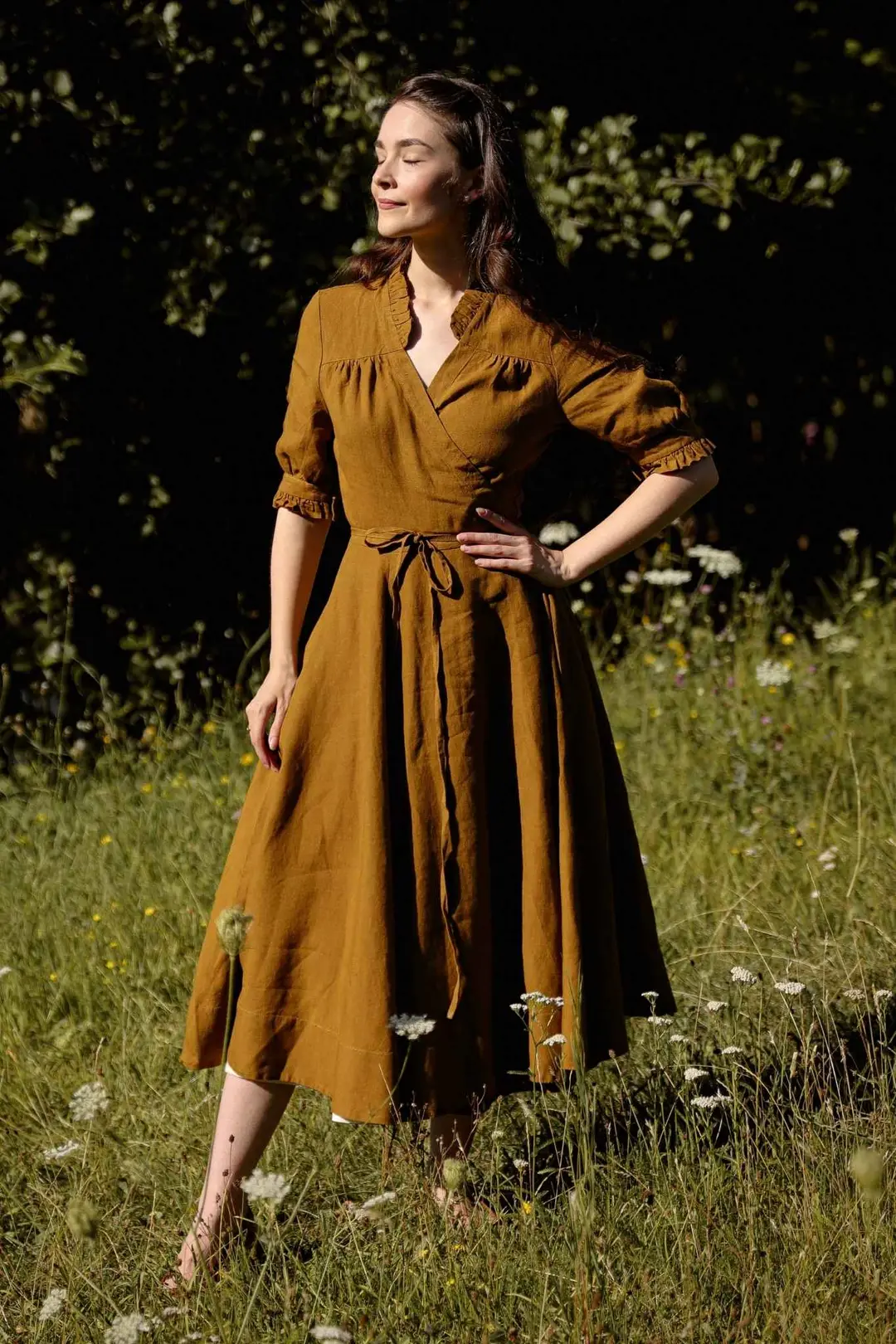 Darcy – Short Sleeve Ruffled V-Neckline Linen Wrap Dress
