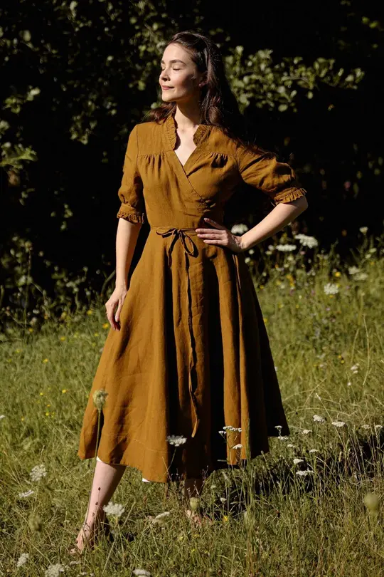 Darcy – Short Sleeve Ruffled V-Neckline Linen Wrap Dress