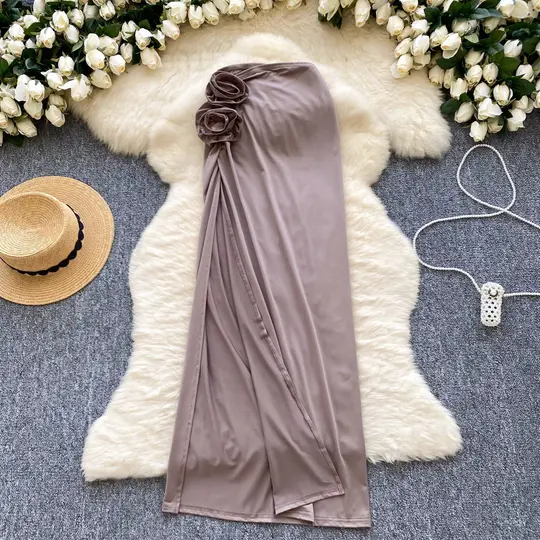 Sexy hot girl skirt design three-dimensional flowers high waist slim fit slit midi skirt R2195