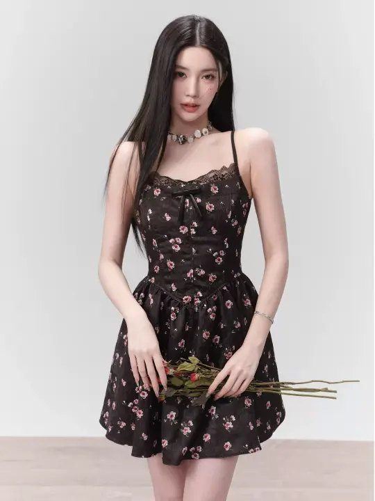 Black Floral Print Cami Dress Women With Lace Trim And Bow Detail R9449