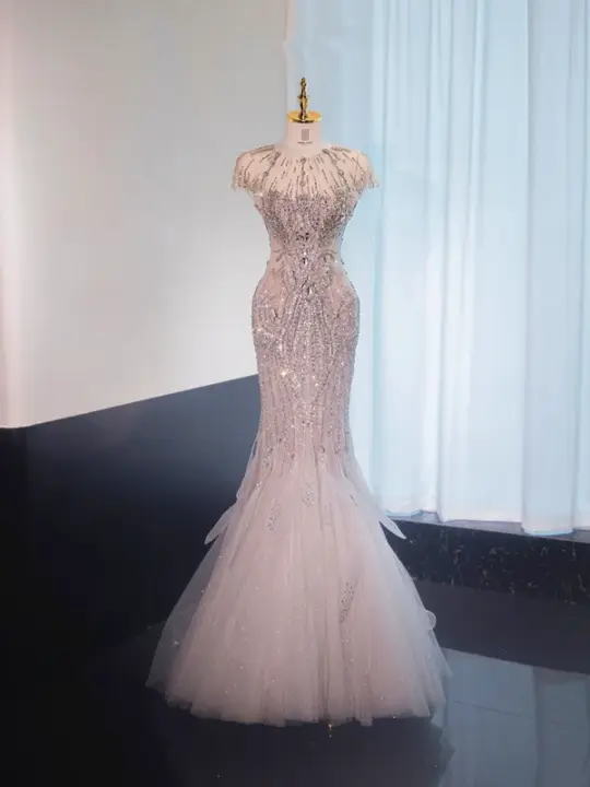 Silver round neck, fitted waist, bodycon long ball gown, bridal dress R8984