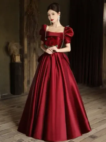 French Retro Burgundy A-Line Square Women Dress with Puff Sleeves Birthday Dress Evening Dress RS050