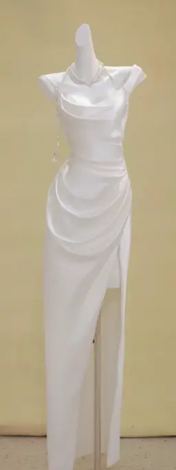 White one-shoulder slim-waist satin pleated slit maxi bridal gown R5766
