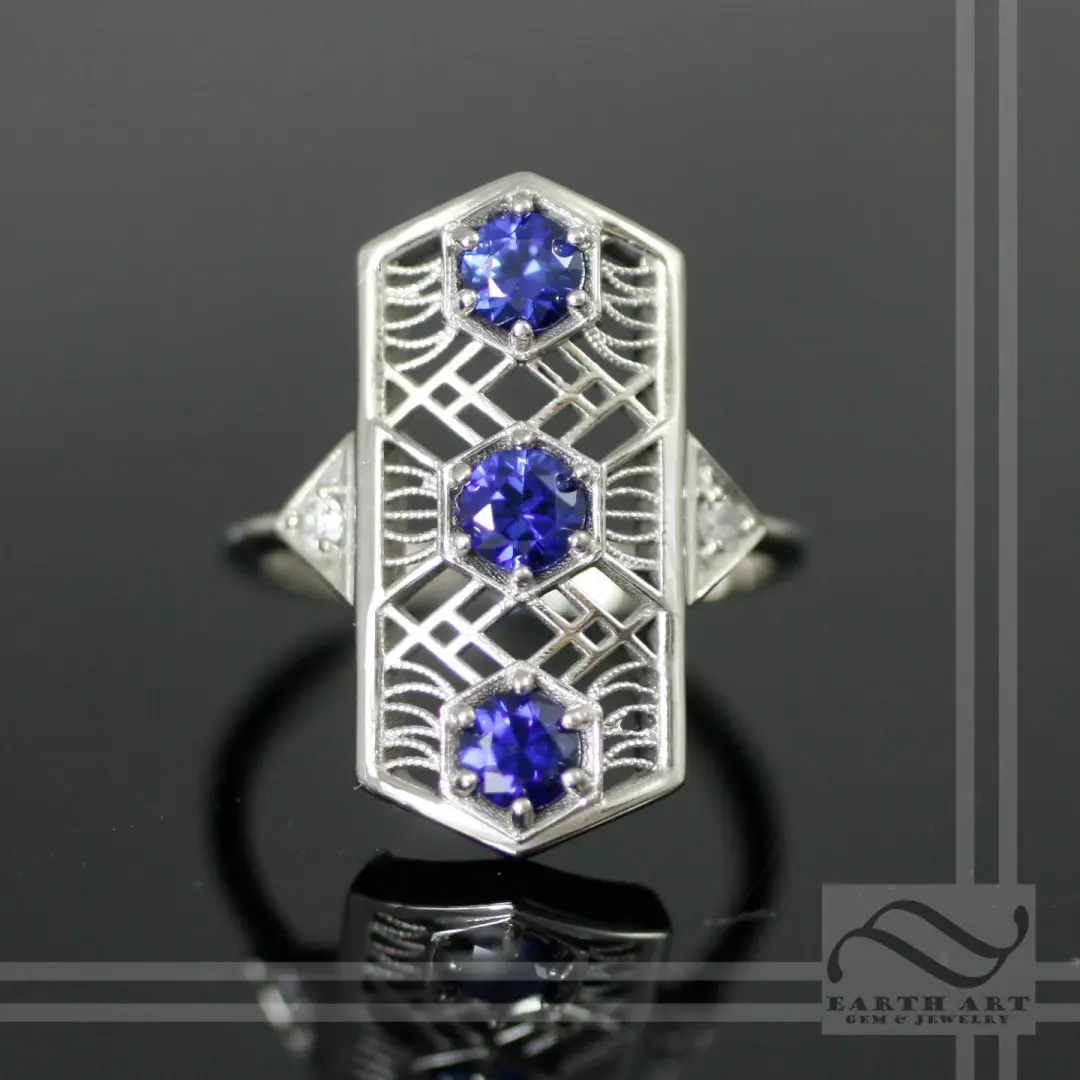 14k Sapphire Art Deco Style Ring - 14k white gold