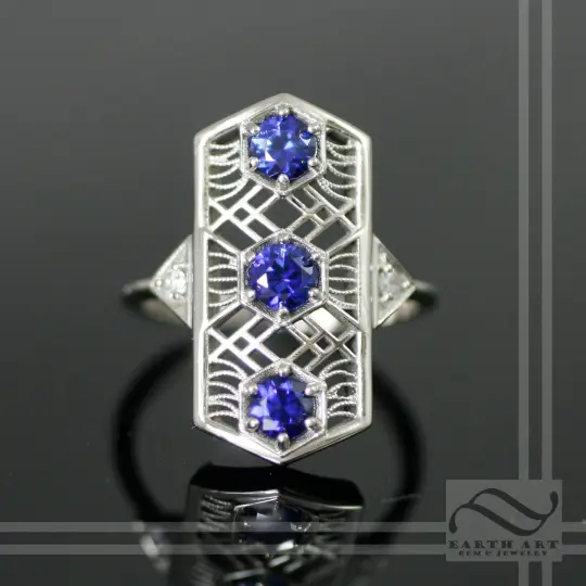 14k Sapphire Art Deco Style Ring - 14k white gold