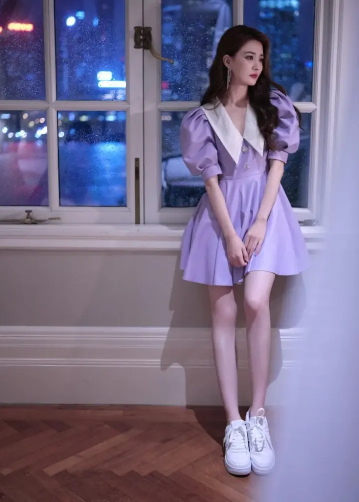 Purple Puff Sleeve Short Skirt V-Neck Waist Slim Short Skirt Homecoming Dress R3509
