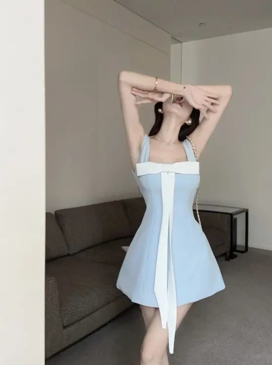 Light blue suspenders waist slimming A-line short skirt homecoming dress R3373