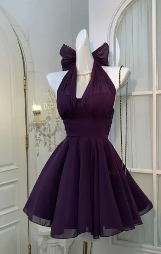 Purple Elegant Homecoming Dress , Deep V-neck Chiffon Corset Short Prom Dress Summer Dress RS1557