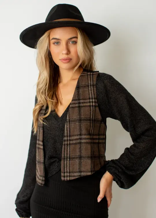 Mikah Vest in Dark Taupe Plaid