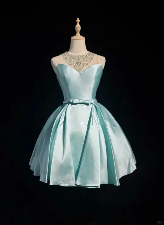 Lake blue round neck sheer diamond neckline waist slim fit princess short dress homecoming dress R4892
