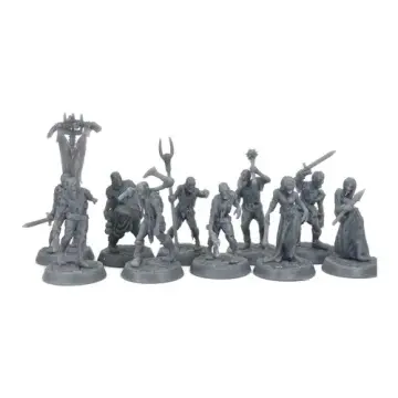 Unpainted 32mm 3D-printed zombie army unit of ten with a gibbet banner, axe, spear and mace, tabletop wargame and RPG miniature for D&D, Pathfinder and rank and flank armies