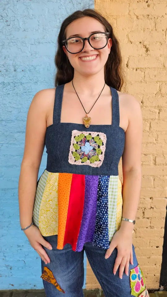 Patchwork Denim Hippie Apron Top – Corset Back, Crochet Detail D/DD cup #1414