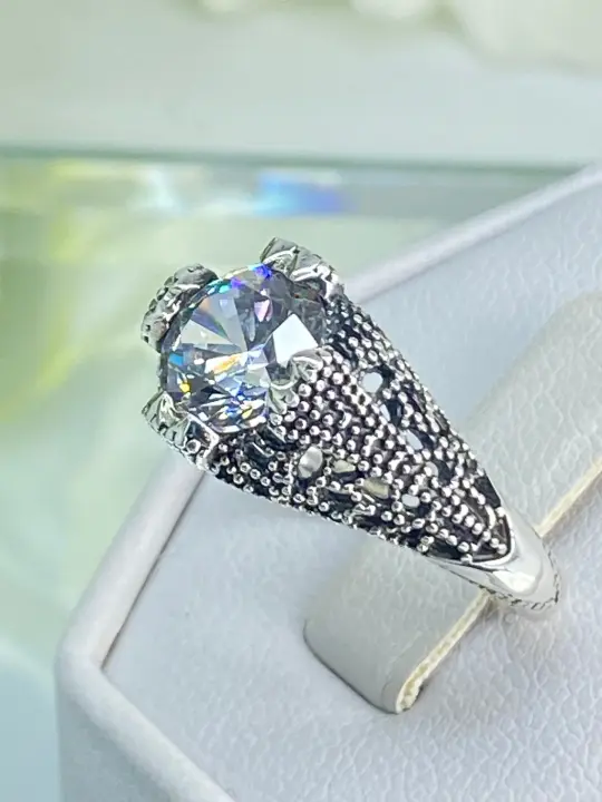 Engagement Ring, Size 7, White CZ with Classic Sterling Silver Filigree, D179 - Ready to Ship