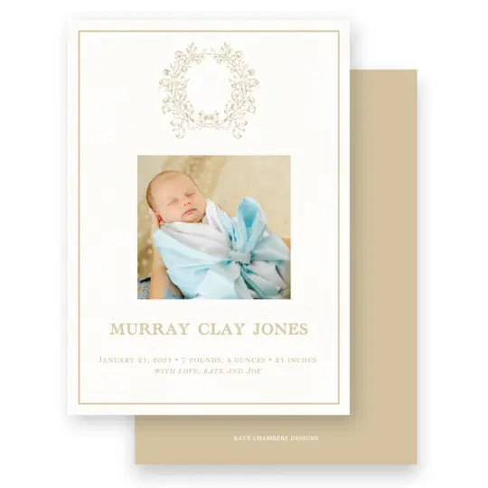 Boy's Tan Vintage Wreath with Bow Birth Announcement