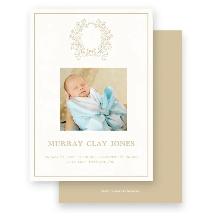 Boy's Tan Vintage Wreath with Bow Birth Announcement