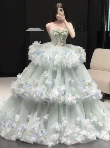French Chic Mint Green Floral A-Line Sweetheart Tiered Corset Maxi Prom Dress Evening Dress RS388