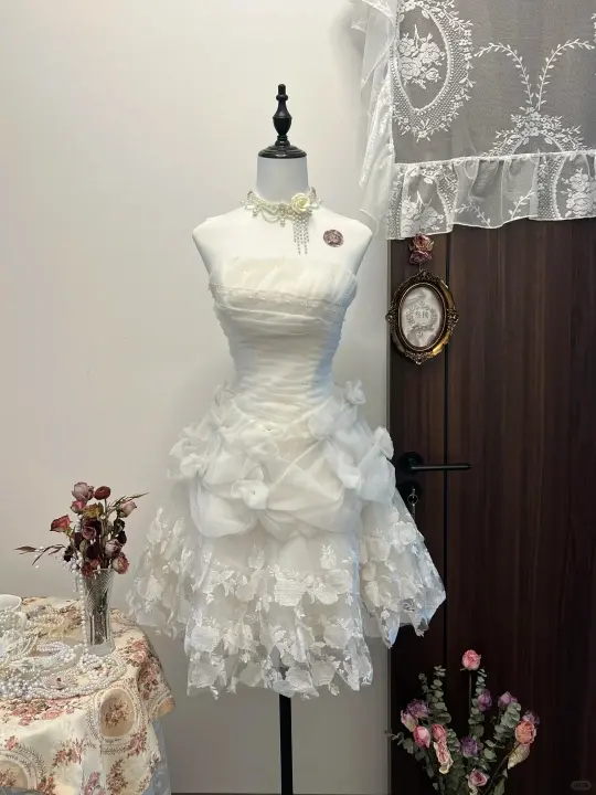 White tube top lace skirt sexy cute short skirt homecoming dress R4173