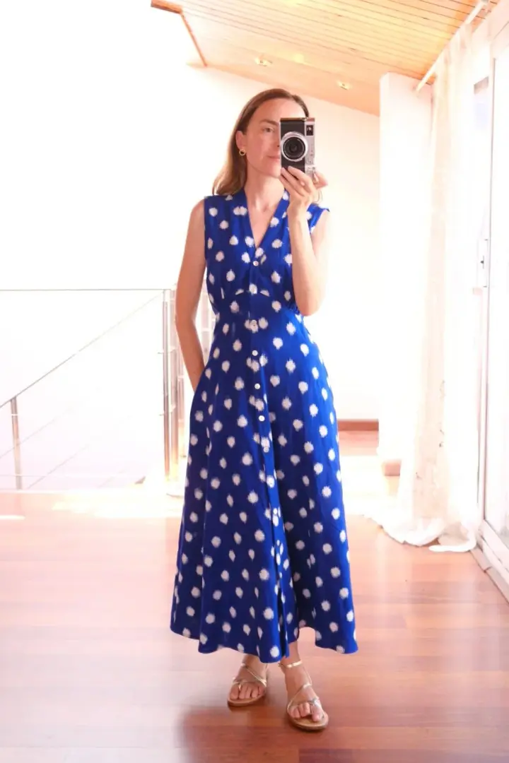 SENTA dress in the indigo polka dots ikat fabric - M