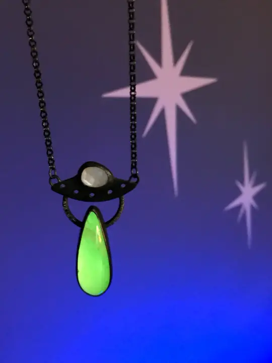 Alien Abduction Pendant with White Moonstone and Glow in the Dark Quartz