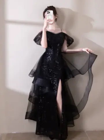 Elegant Black Sequin A-Line Spaghetti Straps Maxi Prom Dress Evening Dress RS417