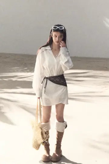 Western Style Off-White Eyelet Embroidered Shirt Dress with Waist Tie R9363