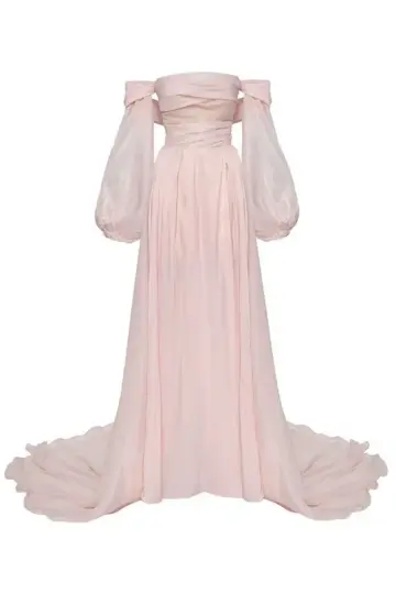 Light pink off-the-shoulder fitted long elegant ball gown, bridal dress R8564