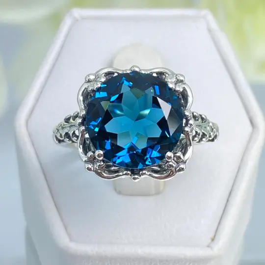 London Blue Topaz Victorian Ring, Size 6, Simulated Gemstone #D103 - Ready to Ship
