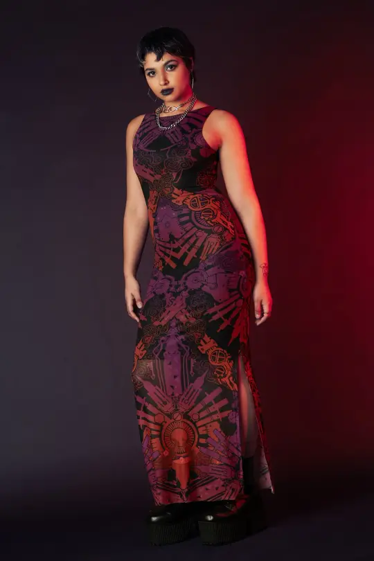 Vi's Tattoos Sheer Column Maxi Dress