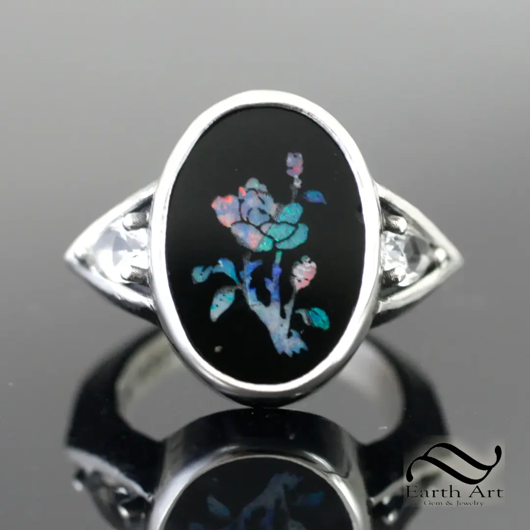 Opal Mosaic in sterling silver Ring with White Topaz