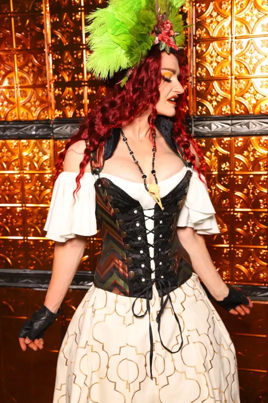 Petite Buccaneer Overbust Corset in Fox & Fern Bargello - The Wicked Dowager Collection