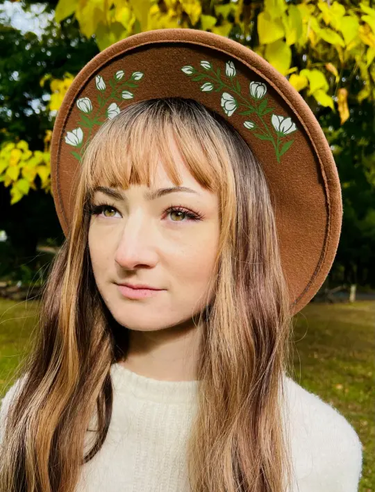 Caramel White Floral Vegan Felt Wide Brim Hat