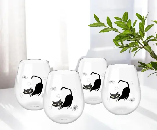 Atomic Cat Wine Glass- Set of 1/2/4 pcs. Stemless Wine Glass, Cocktail Glass