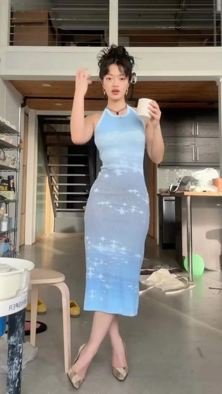 Blue halter neck slim waist hip sexy long skirt homecoming dress R4052